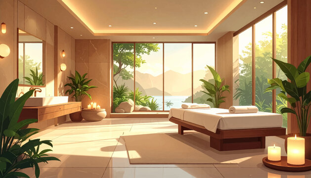 Resort spa suite, lake vista, massage bed, candles. Scenic wellness room, mountain window, elegant calm. Luxury retreat interior, waterside view, tropical plants