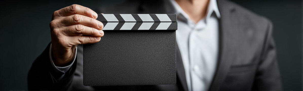 Hollywood Director's Clapboard: A poised figure in a sharp suit grasps a classic clapboard against a sleek, cinematic background, preparing to initiate the magic of filmmaking.