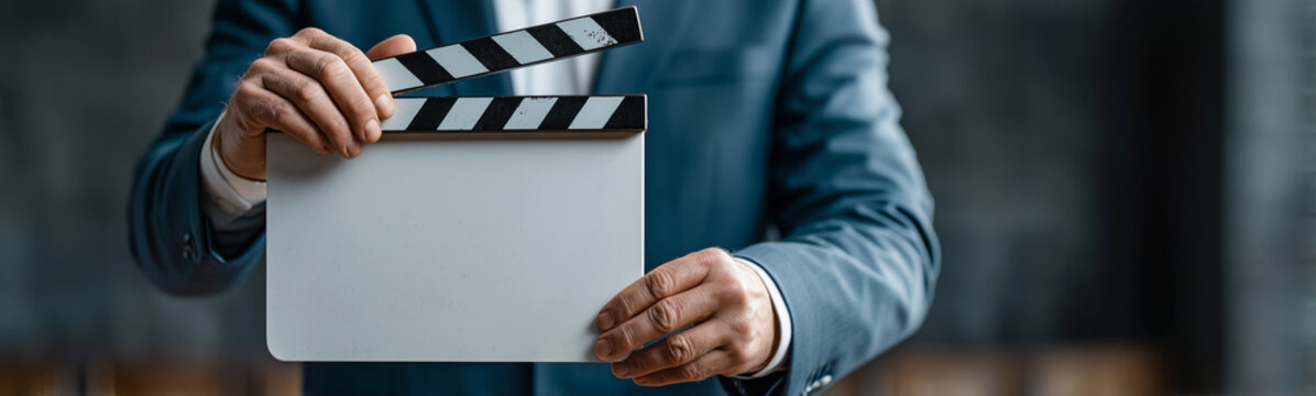 Behind the Scenes: A person in a suit holds a clapboard, ready to capture the moment, creating the cinematic magic.