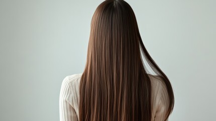 Naklejka premium Beautiful model girl with Brown hair strand,silky healthy chestnut wavy hair strand,hair wavy ribbon, with smooth,Keratin straightening,Treatment,straight long hair,procedures,Smooth hairstyle.