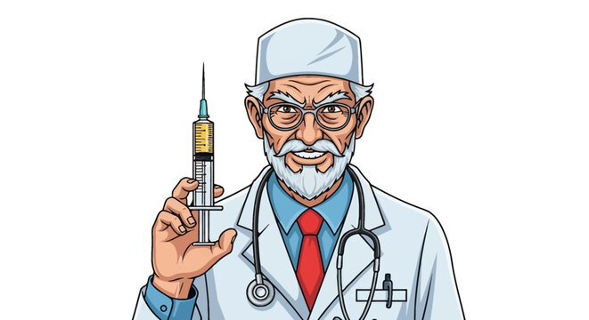 Senior male doctor with grey beard and glasses, wearing a white lab coat, stethoscope, and scrub cap, holding a medical syringe with yellow liquid, vector art illustration on white.