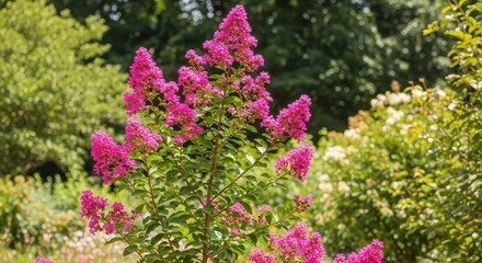 Obraz premium Beautiful Pink Crepe Myrtle Flowers Blooming in Summer Sunlight.