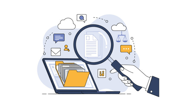 Hand with magnifying glass over a laptop screen with an open folder for digital document research and computer data forensic analysis.