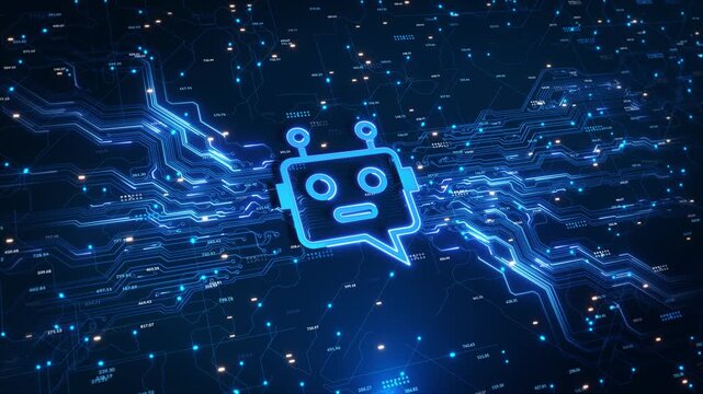 Glowing Neon Robot Head Artificial Intelligence Icon Circuit Board chat bot or robot head glowing complex electronic circuit board. AI technology customer support automation, future tech presentations