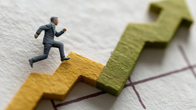 Onward and Upward: A miniature figure fearlessly ascends a rising arrow, a symbolic representation of ambition, progress, and goal achievement, against the backdrop of a textured surface.