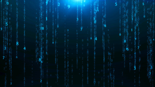 Digital rain of blue numbers and symbols on dark background with bright light beam