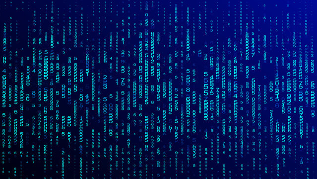 Digital data stream of blue neon numbers falling on a dark blue gradient background