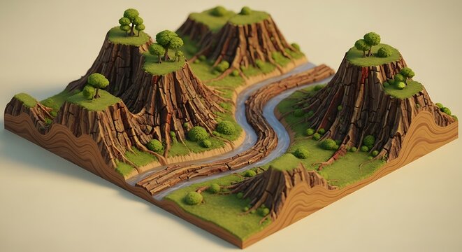 3D landscape model with mountains.