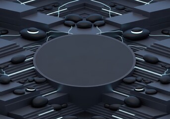 Fototapeta premium Dark podium features a circular platform surrounded by glowing stones and geometric stairs.