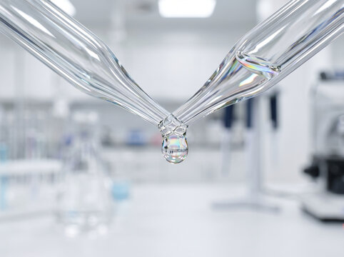 Extreme macro of a clear liquid drop falling from two glass pipettes in a laboratory