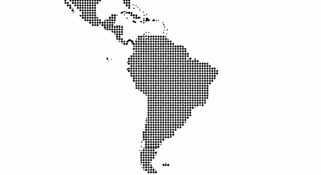 Black and white halftone dotted map of South America, Central America, and the Caribbean on a white background. Factual geometric silhouette composed of black circular points.