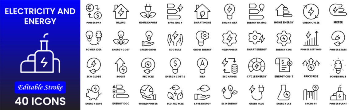 Electricity, electric power line, light, light bulb and electrical equipment.Outline icon collection. Conceptual pictogram and infographic.