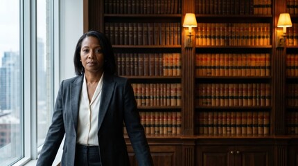 Fototapeta premium Confident African American businesswoman standing in a classic library with bookshelves and a large window.