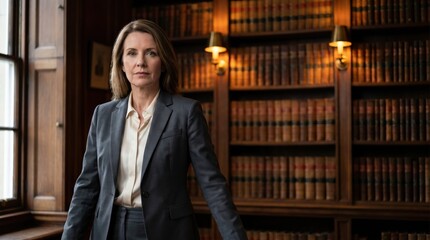 Fototapeta premium Confident Female Lawyer Posing in a Traditional Law Library.