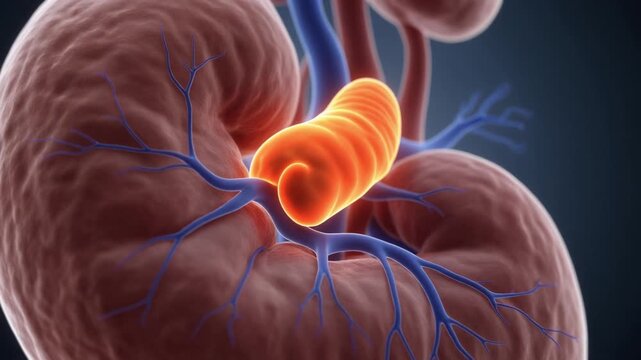 3D Medical Animation of Human Kidney and Glowing Adrenal Gland