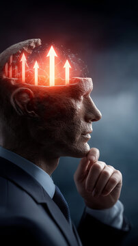 Enlightened Ascent: A man embodies the essence of intellectual growth, his open mind illuminated by upward-bound arrows, symbolizing aspirations and innovative thinking.