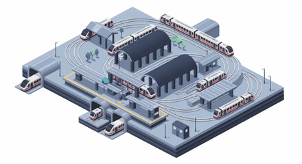 Modern Train Station Isometric View with Multiple Trains and Platforms. © Dono