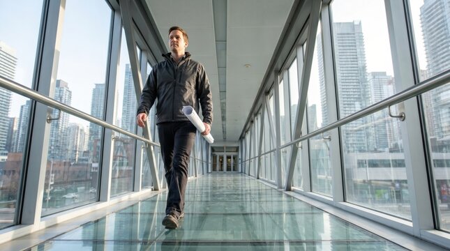 Confident Woman Walking Through Modern Glass Skybridge with Cityscape Background.