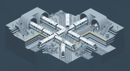 Modern subway station with multiple trains arriving and departing. © Dono