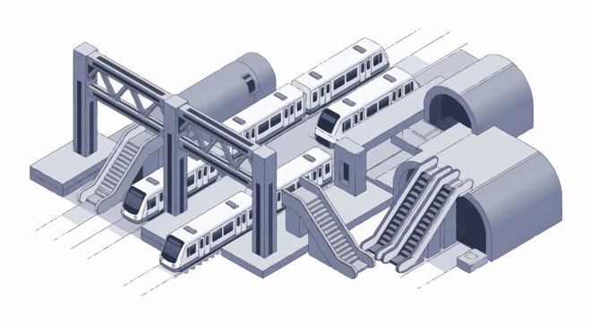 Modern subway station with trains and escalators isometric view.