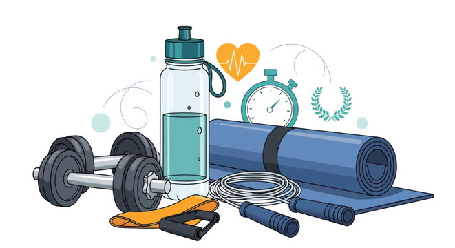 Fitness Equipment Collection: Dumbbells, Yoga Mat, Water Bottle, Jump Rope, Heart Monitor