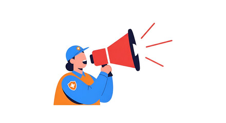 Obraz premium Emergency responder with megaphone shouting alert vector illustration in bold modern style on dark background safety announcement for public awareness