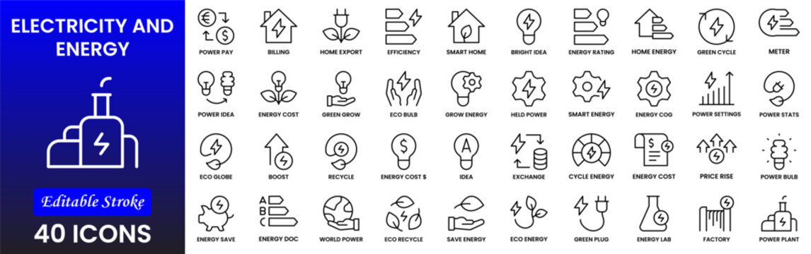 Electricity, electric power line, light, light bulb and electrical equipment.Outline icon collection. Conceptual pictogram and infographic.