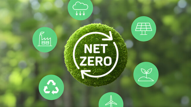Net Zero emissions concept with circular arrows and eco-friendly icons representing sustainability and renewable energy sources