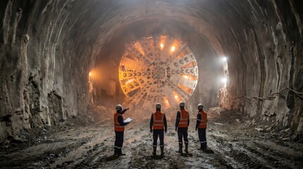 Fototapeta premium Engineers and workers observe a large tunnel boring machine in underground construction site.