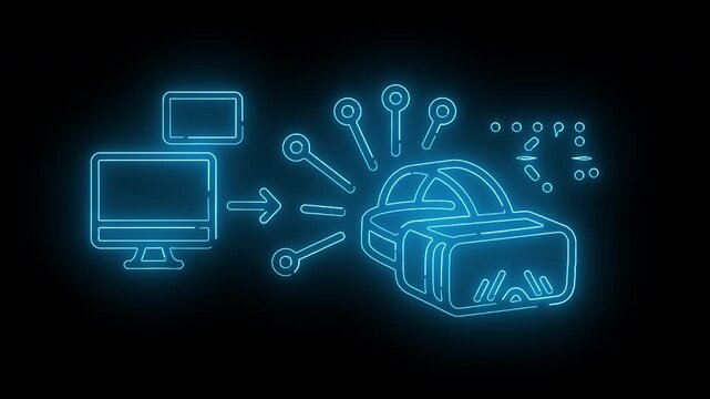 Neon blue line art illustration of a computer transferring data to a car's onboard computer with tools and diagnostics icons on a black background.