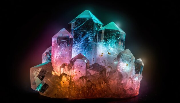 A cluster of beautiful quartz crystals illuminated with a vibrant spectrum of glowing pink, purple, blue, and teal light against a dark background, creating a mystical aura.