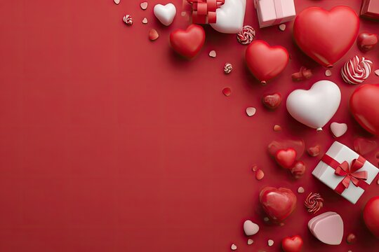 Valentine's Day background with hearts and gifts on red.