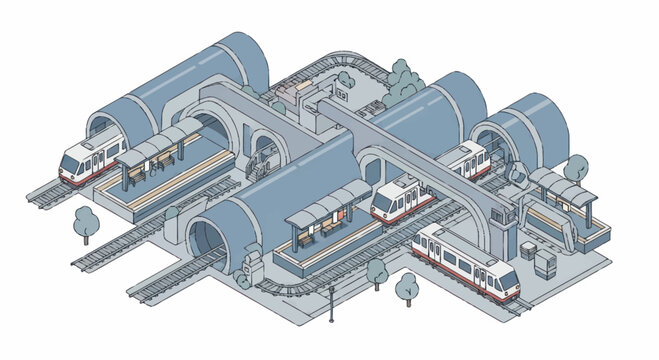 Modern underground metro station with multiple trains and tunnels.