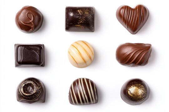 Delicious Assorted Chocolates on White Background, Overhead View