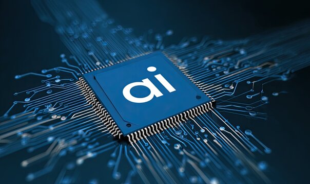 Artificial Intelligence chip with ai text, circuit board, technology
