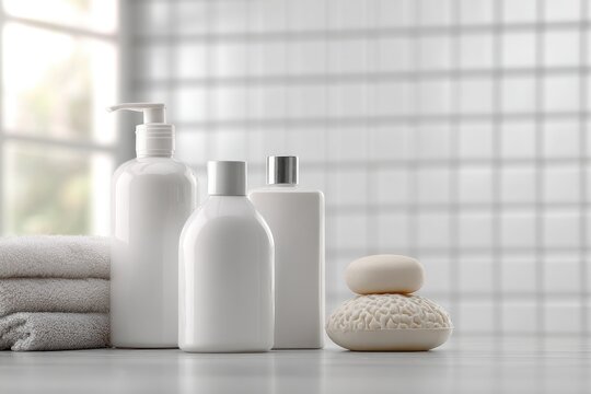 White bathroom essentials, towels, bottles, and soap