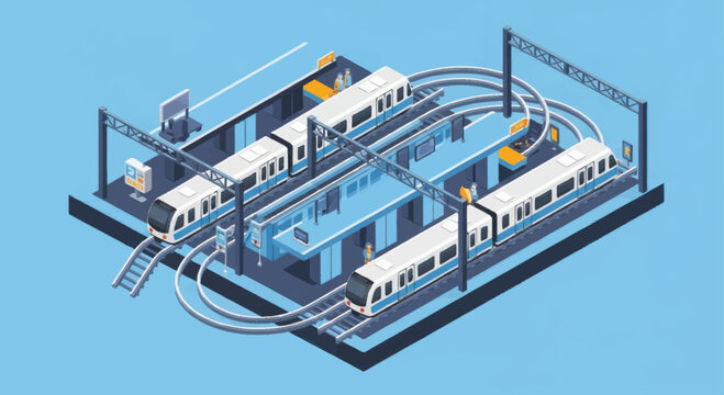 Modern Train Station With Multiple Trains On Tracks.