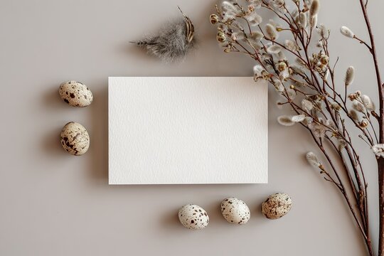 Easter eggs and pussy willow with blank card on gray surface