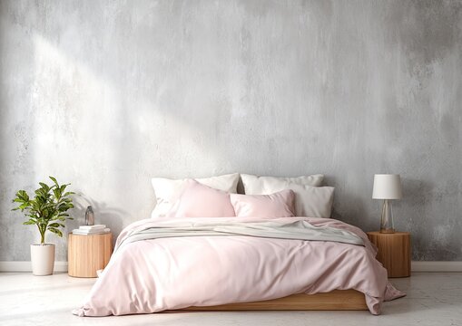 Minimalist Bedroom Interior with bed, plant, and wooden furniture.