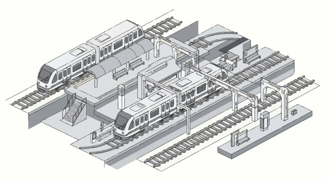 Modern Train Station with Multiple Platforms and Trains.