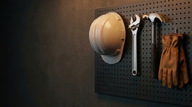 Industrial workshop pegboard with hard hat, wrench, hammer, and work gloves.