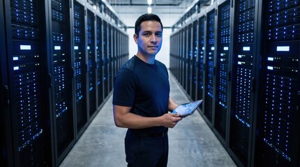 Fototapeta premium IT Technician Man Holding Tablet Standing in Server Room Data Center.