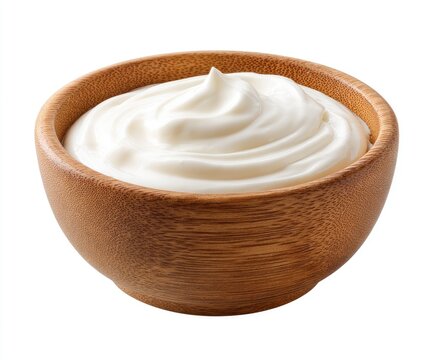 Fresh Sour Cream or Yogurt in Wooden Bowl