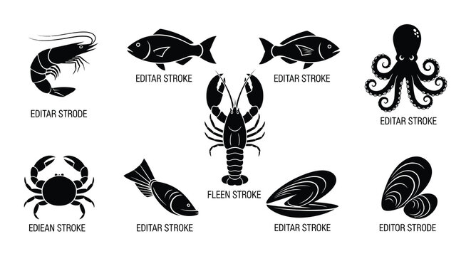 Black silhouettes depicting various seafood including fish crustaceans and shellfish