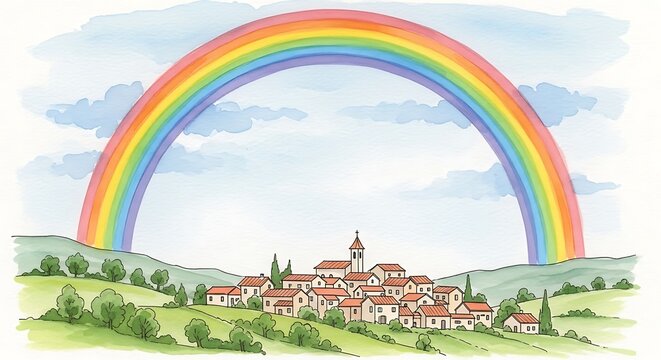 Vibrant rainbow arches over a charming village nestled in rolling green hills