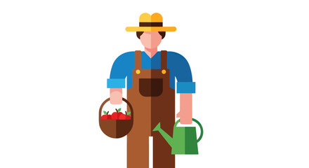 Man wearing overalls holding watering can. © Stock