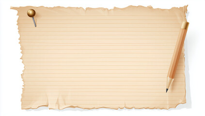 Fototapeta premium a piece of beige-lined paper with a pin at the top, isolated on a white background.