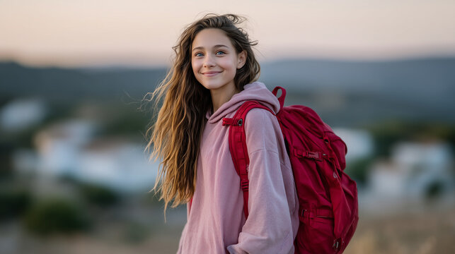 The Adventurer's Smile: A cheerful young woman, backpack on her back, radiates joy as she enjoys a scenic journey. 