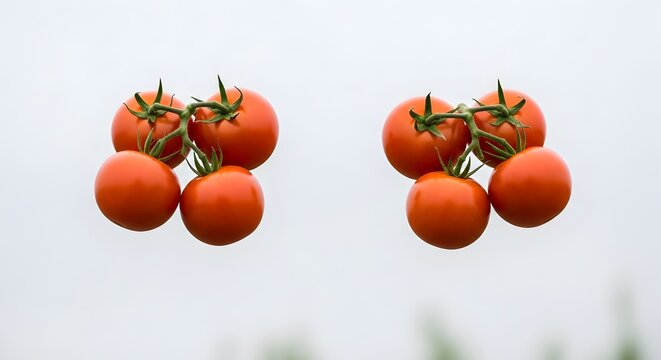 Dua tangkai tomat ceri merah segar yang melayang dengan latar belakang terang