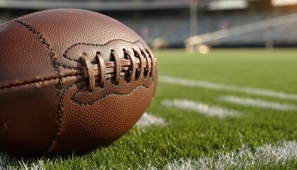 Obraz premium Close-up of a vintage brown leather American football resting on the green grass of a stadium field